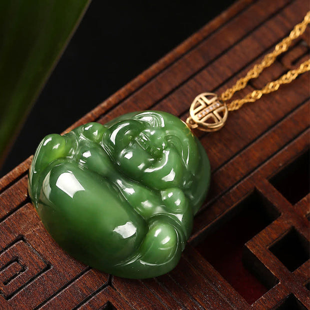 Buddha Stones 925 Sterling Silver Laughing Buddha Hetian Cyan Jade 18K Gold Success Necklace Chain Pendant Necklaces & Pendants BS 5
