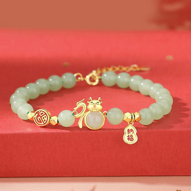 Buddha Stones 925 Sterling Silver Year of the Dragon Natural Red Agate Hetian Jade Fu Character Luck Gourd Bracelet