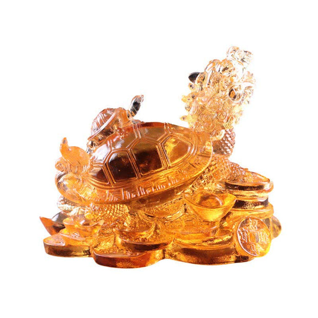 Buddha Stones Feng Shui Dragon Turtle Coins Handmade Liuli Crystal Luck Art Piece Home Office Decoration