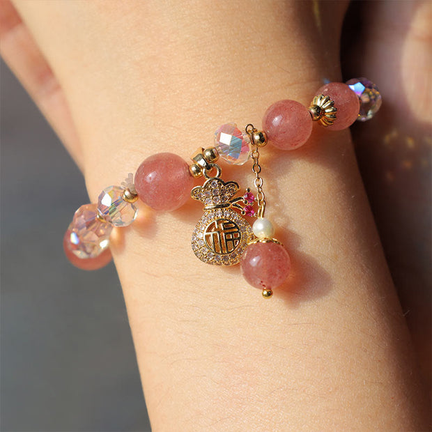 Buddha Stones Natural Strawberry Quartz Crystal Money Bag Charm Positive Bracelet Bracelet BS 2