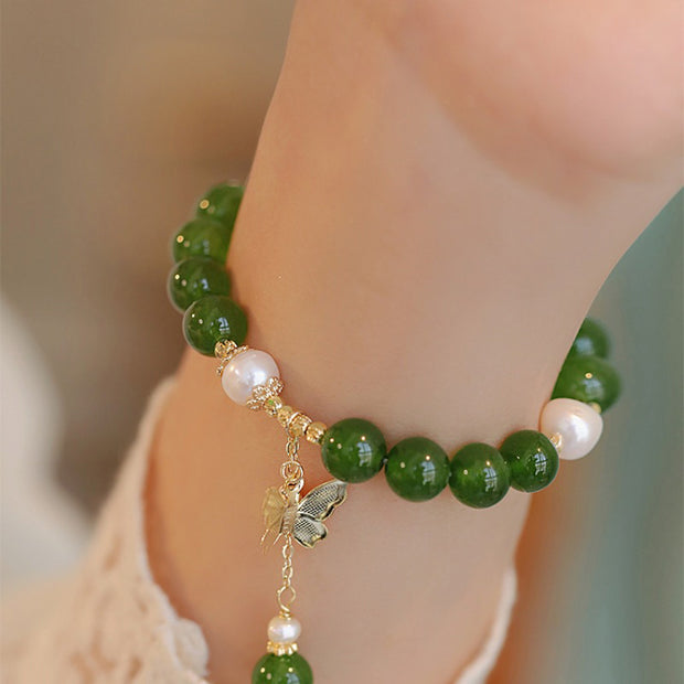Buddha Stones Natural Green Chalcedony Pearl Butterfly Courage Strength Bracelet