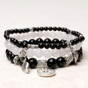 Buddha Stones 3PCS Natural Quartz Crystal Beaded Healing Energy Lotus Bracelet Bracelet BS Black Obsidian