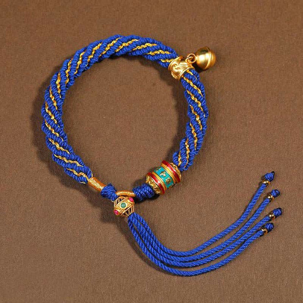 Buddha Stones Tibetan Handmade Luck Protection Thangka Prayer Wheel Bell Charm Braid String Bracelet Bracelet BS 15