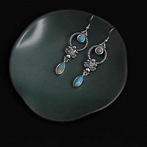 Buddha Stones 925 Sterling Silver Vintage Turquoise Waterdrop Pattern Balance Drop Dangle Earrings Earrings BS 6