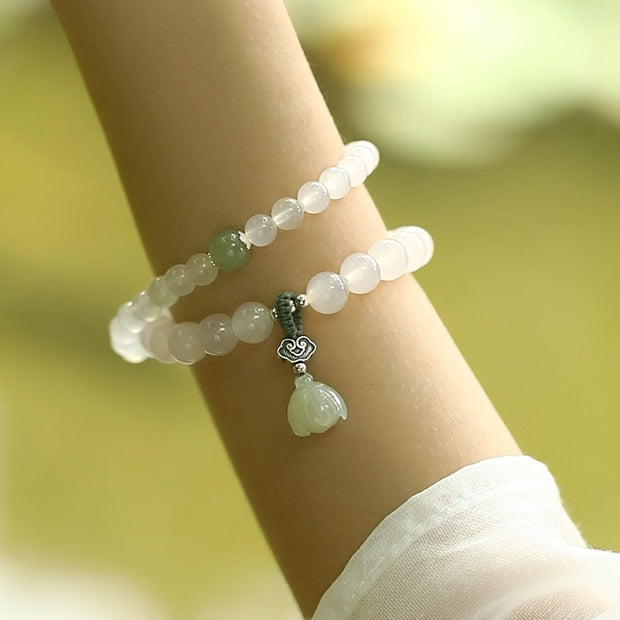 Buddha Stones White Agate Jade Lotus Protection Bracelet Bracelet BS 1