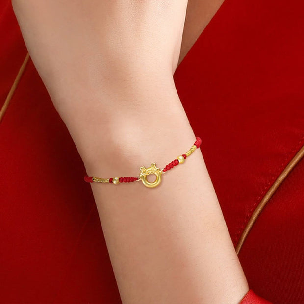 Buddha Stones 999 Sterling Silver Year of the Dragon Peace Buckle Golden Dragon Luck Red Rope Braided Bracelet Bracelet BS 10