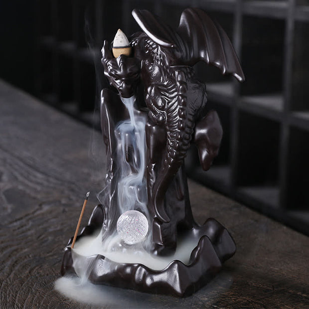 Buddha Stones Nordic Dragon Ceramic Backflow Smoke Fountain Meditation Healing Incense Burner Led Ball Decoration