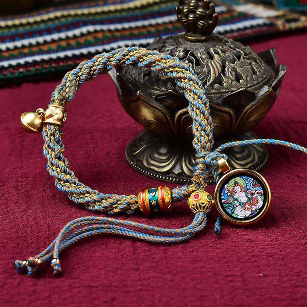 Buddha Stones Tibetan Handmade Luck Protection Thangka Prayer Wheel Bell Charm Braid String Bracelet Bracelet BS Blue&Thangka(Wrist Circumference 14-19cm)