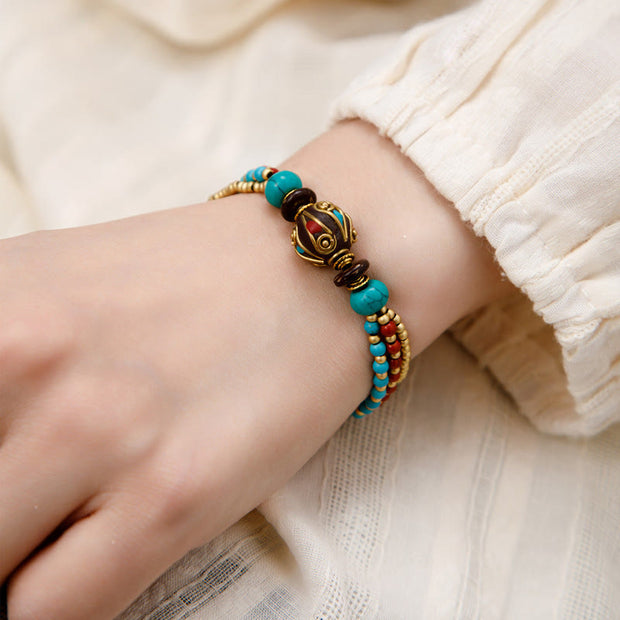 Buddha Stones Tibetan Turquoise Om Mani Padme Hum Protection Strength Bracelet Bracelet BS Turquoise Multi-Layer
