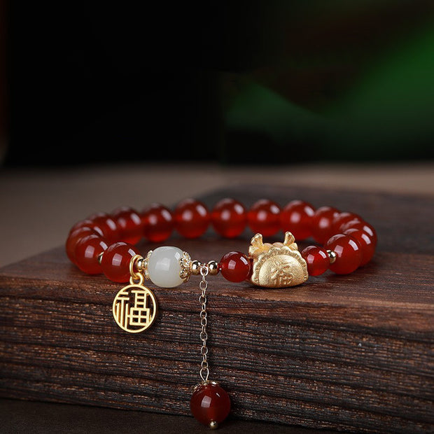 Buddha Stones Year Of The Dragon Red Agate Gray Agate Dumpling Luck Fu Character Bracelet Bracelet BS Red Agate Dragon Fu Character Bead Charm(Wrist Circumference 14-16cm) 10mm