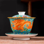 Buddha Stones Dragon Phoenix Flower Design Ceramic Gaiwan Sancai Teacup Kung Fu Tea Cup And Saucer With Lid