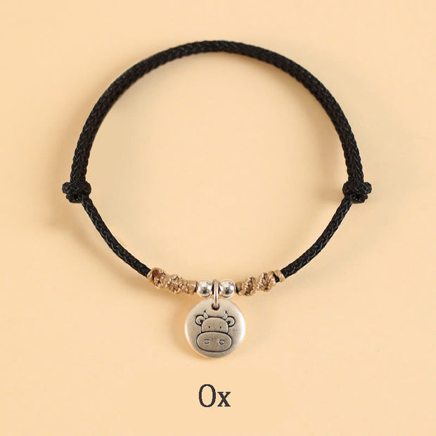 Buddha Stones Handmade 999 Sterling Silver Year of the Dragon Cute Chinese Zodiac Luck Braided Bracelet Bracelet BS Black Rope Ox(Wrist Circumference 14-17cm)