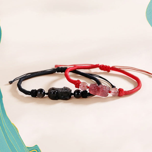 Buddha Stones Handmade Natural Silver Sheen Obsidian Strawberry Quartz PiXiu Protection Braided Bracelet
