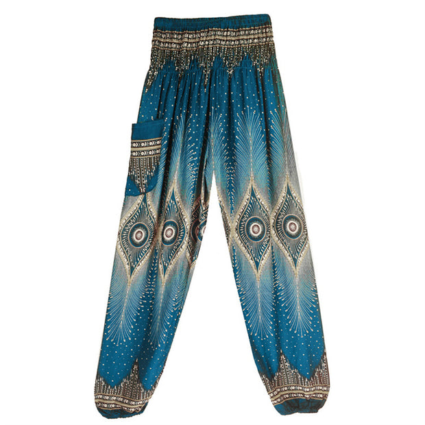 Buddha Stones Small Eye Peacock Feathers Pattern Loose Smocked Harem Trousers High Waist Women's Yoga Pants