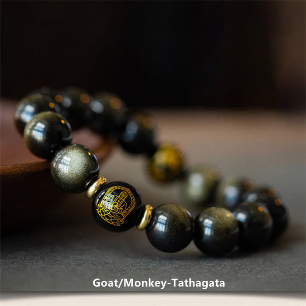 Buddha Stones Chinese Zodiac Natal Buddha Gold Sheen Obsidian Wealth Protection Bracelet Bracelet BS Goat/Monkey-Tathagata