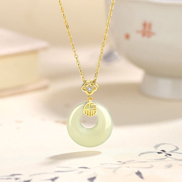 Buddha Stones 925 Sterling Silver Ginkgo Leaf Butterfly Rose Chalcedony Hetian Jade Peace Buckle Fu Character Harmony Necklace Pendant Necklaces & Pendants BS Auspicious Cloud Fu Character Hetian Jade