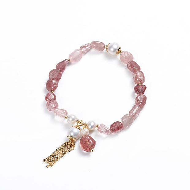 Buddha Stones Natural Strawberry Quartz Pearl 14k Gold Plated Love Healing Bracelet Bracelet BS 7