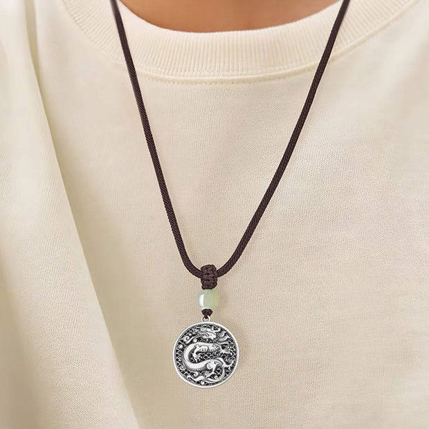 Buddha Stones 999 Sterling Silver Year of the Dragon Fu Character Hetian Jade Success Necklace Pendant Necklaces & Pendants BS 7